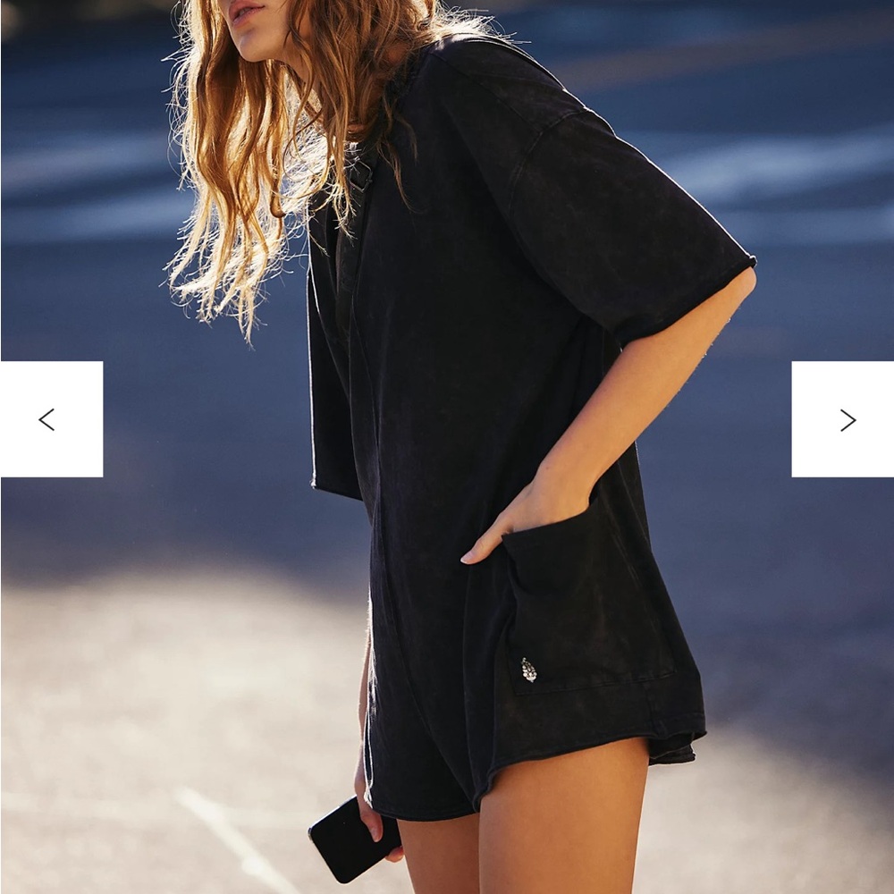 Free People washed Black Tee Romper with pockets and logo NWOT